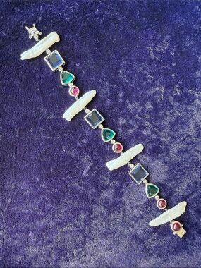 New 925 sterling silver link bracelet with finger pearls and various stones